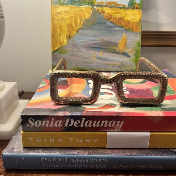 EYE GLASSES SCULPTURE Paperweight 7" Hammered Gold Spectacles Quirky Fun Decor - Picture 1 of 13